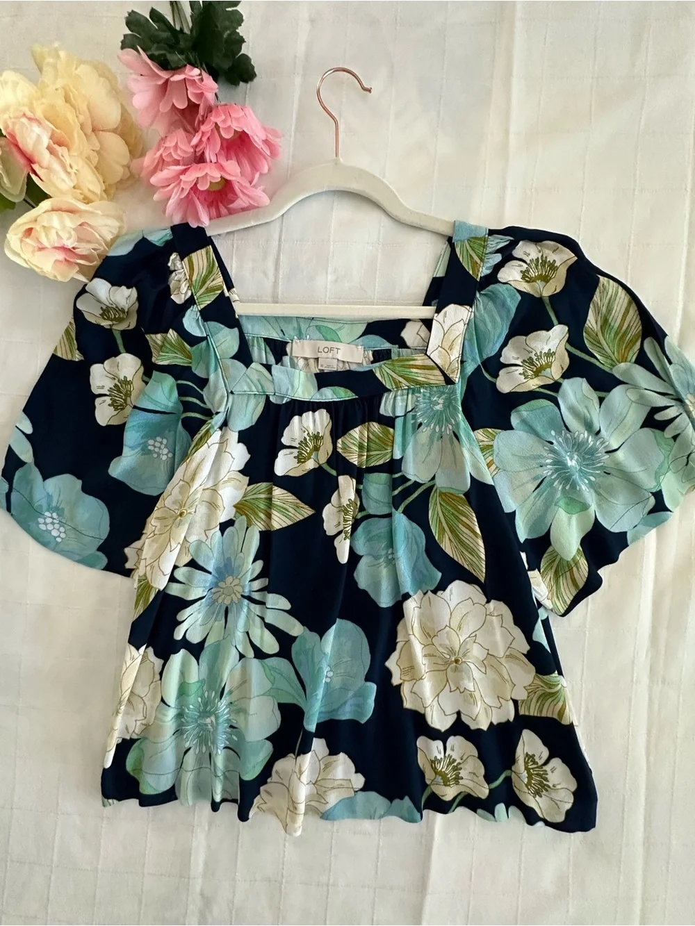 LOFT NWOT Navy Floral Square-Neck Blouse with Blue & White Flowers Never Worn!